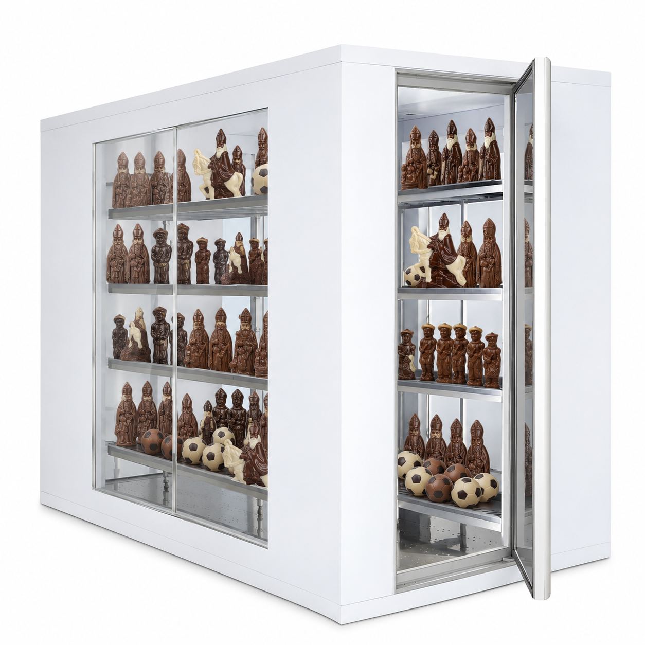 Een koelkamer waar de chocolade hard wordt.